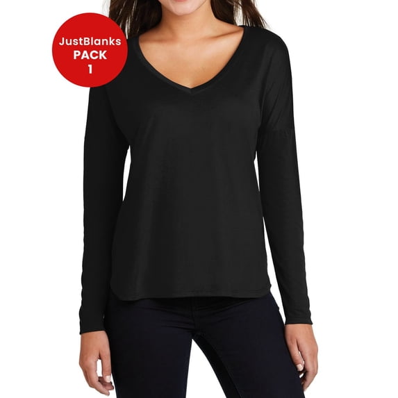 JustBlanks Women’s Drapey Long Sleeves Tee Drop Shoulder Curved Elongated Side Relaxed Fit Shirt V-Neck T-Shirt for Women - Black - X-Small