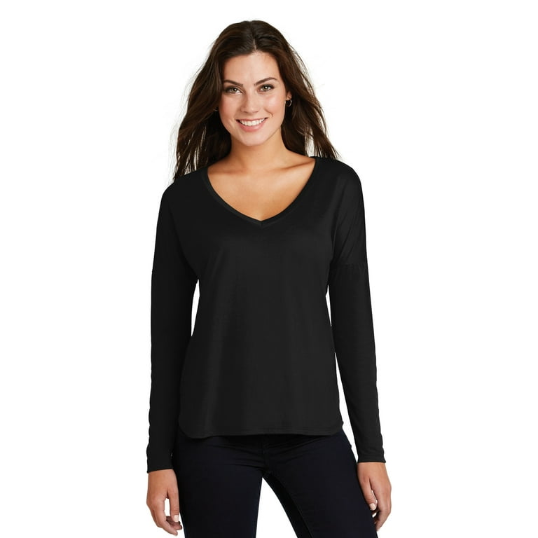 JustBlanks Women's Drapey Long Sleeves Tee Drop Shoulder Curved Elongated  Side Relaxed Fit Shirt V-Neck T-Shirt for Women - Black - X-Small
