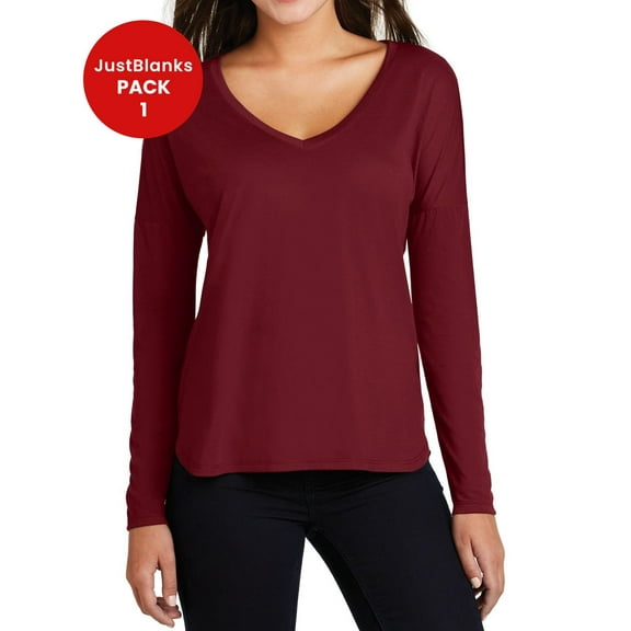 JustBlanks Women’s Drapey Long Sleeves Tee Drop Shoulder Curved Elongated Side Relaxed Fit Shirt V-Neck T-Shirt for Women - Cardinal - Small