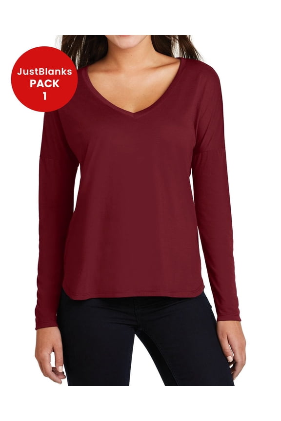 Women’s Drapey Long Sleeves Tee Drop Shoulder Curved Elongated Side Relaxed Fit Shirt V-Neck T-Shirt for Women - Cardinal - Small
