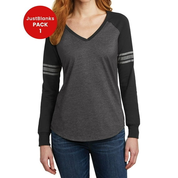 JustBlanks Women's Game Long Sleeve V-Neck Tee A home-run style with mesh and solid print stripes on the sleeves