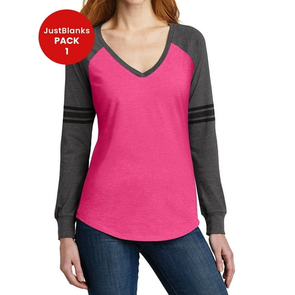 JustBlanks Women's Game Long Sleeve V-Neck Tee A home-run style with mesh and solid print stripes on the sleeves