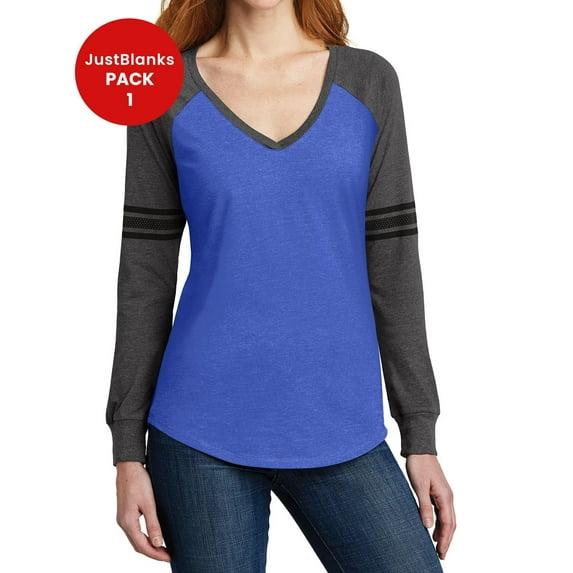 JustBlanks Women's Game Long Sleeve V-Neck Tee A home-run style with mesh and solid print stripes on the sleeves