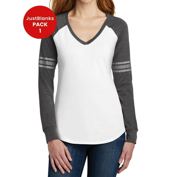 JustBlanks Women's Game Long Sleeve V-Neck Tee A home-run style with mesh and solid print stripes on the sleeves