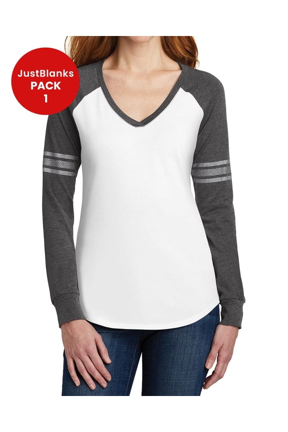 Women's Game Long Sleeve V-Neck Tee A home-run style with mesh and solid print stripes on the sleeves
