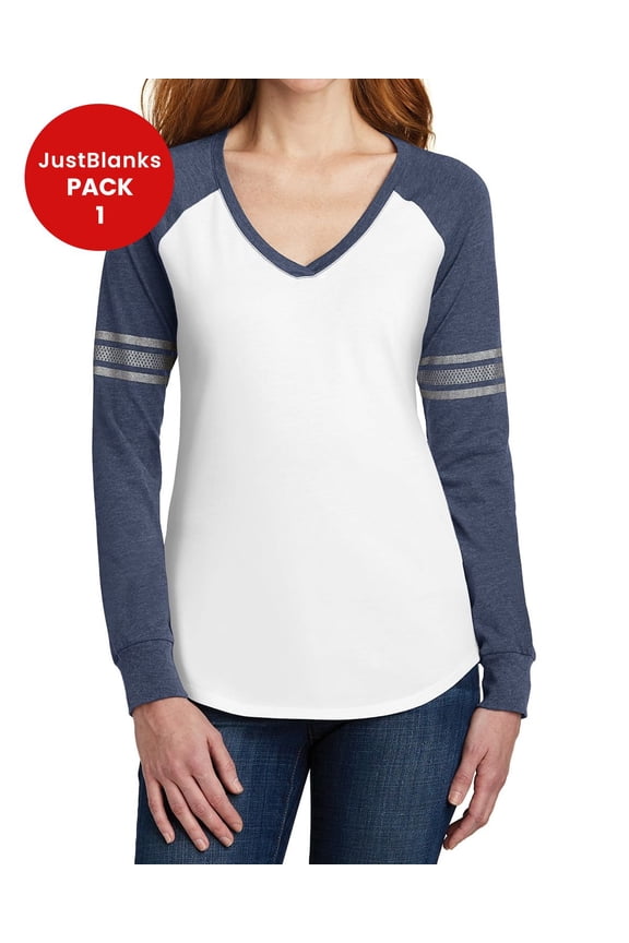 Women's Game Long Sleeve V-Neck Tee A home-run style with mesh and solid print stripes on the sleeves