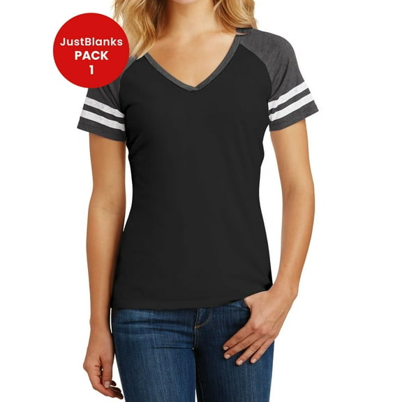 JustBlanks Women’s Game Short Sleeves Tee Distressed Printed Stripes Sleeves Comfortable Tee Crossover V-Neck T-Shirt for Women - Black/ Heathered Charcoal - 4X-Large