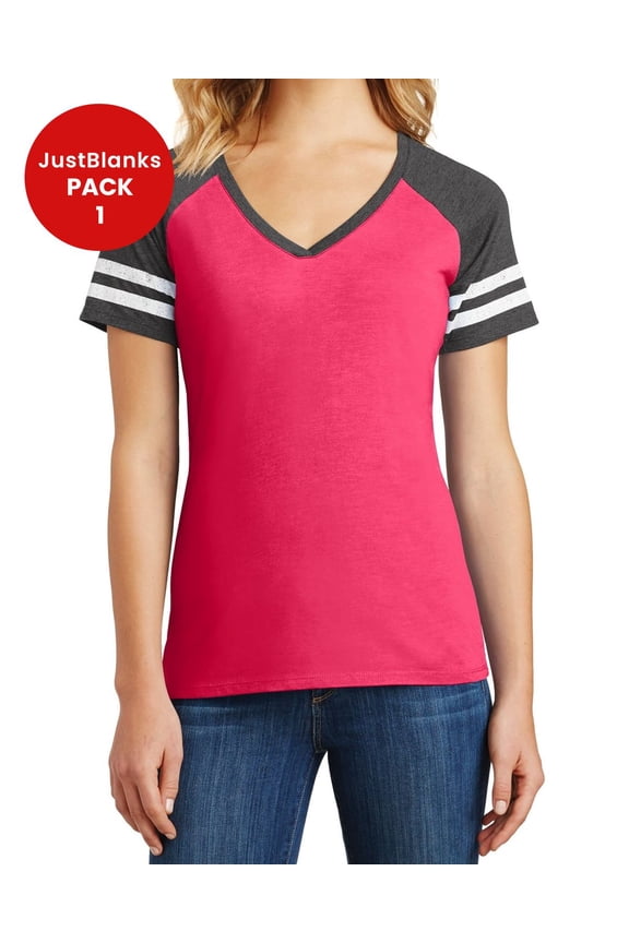 Women’s Game Short Sleeves Tee Distressed Printed Stripes Sleeves Comfortable Tee Crossover V-Neck T-Shirt for Women - Heathered Watermelon/ Heathered Charcoal - 4X-Large