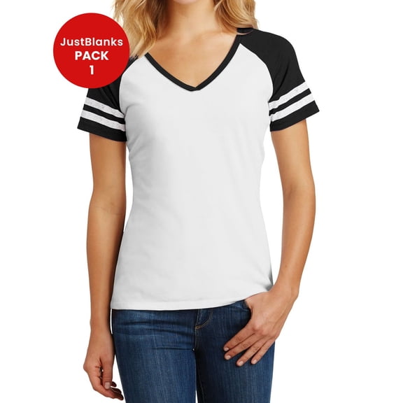 JustBlanks Women’s Game Short Sleeves Tee Distressed Printed Stripes Sleeves Comfortable Tee Crossover V-Neck T-Shirt for Women - White/ Black - 4X-Large
