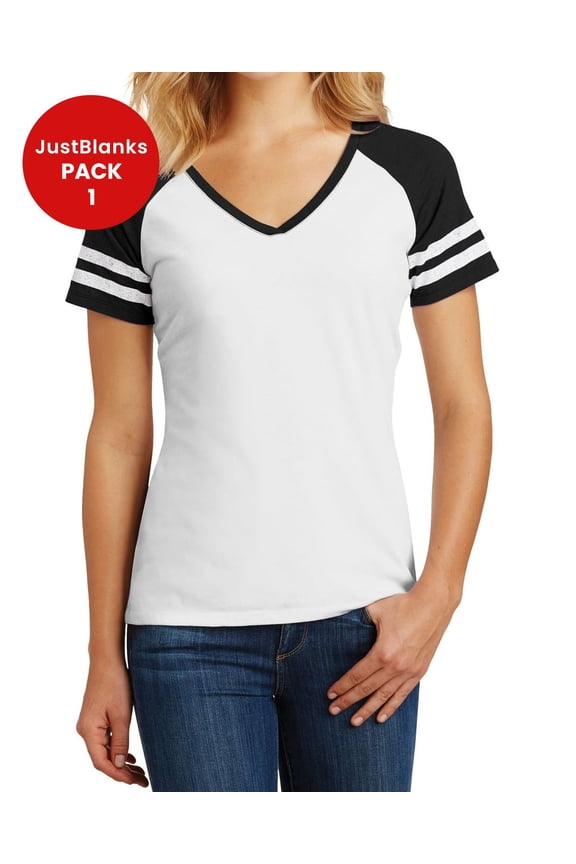 Women’s Game Short Sleeves Tee Distressed Printed Stripes Sleeves Comfortable Tee Crossover V-Neck T-Shirt for Women - White/ Black - 4X-Large