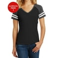 thumbnail image 1 of JustBlanks Womens Sporty V Neck T Shirt with Striped Sleeves Soft Cotton Blend, 1 of 1