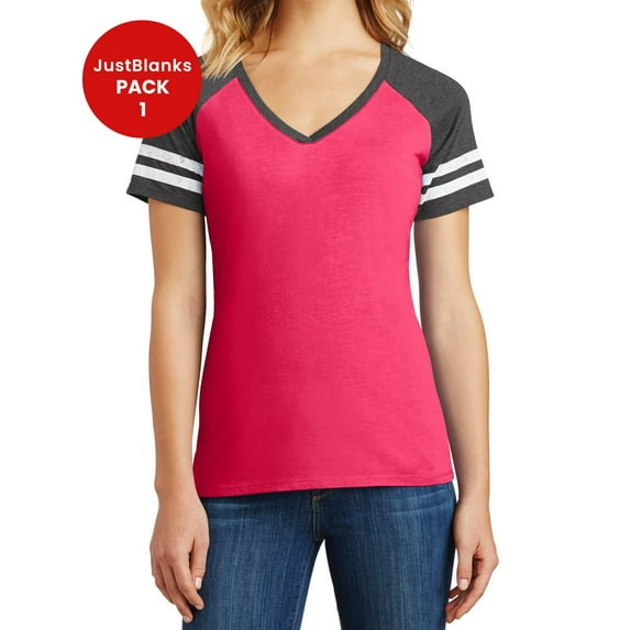 JustBlanks Womens Sporty V Neck T Shirt with Striped Sleeves Soft Cotton Blend