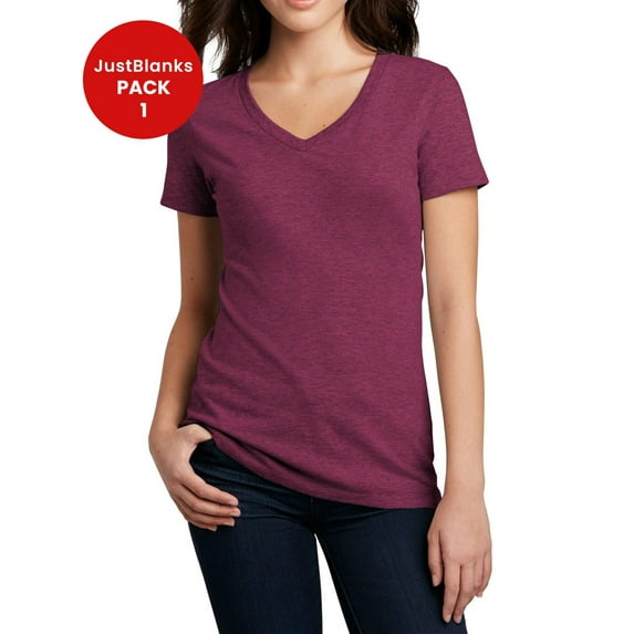 JustBlanks Women's Perfect Blend V-Neck Tee Tear-away label 1x1 rib knit neck Shoulder to shoulder taping