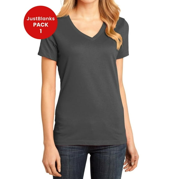 JustBlanks Women Perfect Weight Shoulder to shoulder taping 1x1 rib knit neck V Neck T Shirt