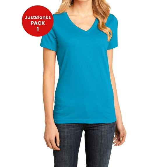 JustBlanks Women Perfect Weight Shoulder to shoulder taping 1x1 rib knit neck V Neck T Shirt