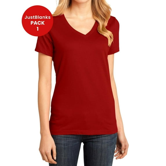 JustBlanks Women Perfect Weight Shoulder to shoulder taping 1x1 rib knit neck V Neck T Shirt