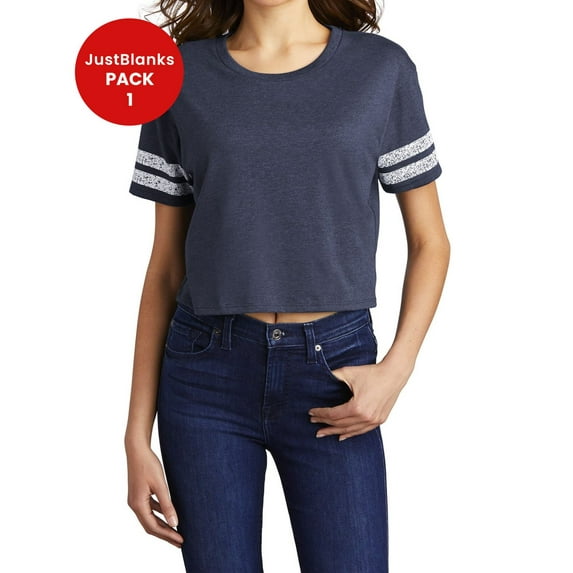 JustBlanks Women's Scorecard Crop Tee Score a relaxed, throwback look in this crop tee Distressed printed stripes on sleeves
