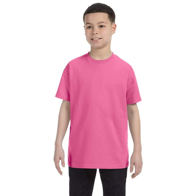 JustBlanks Youth Short Sleeve Tee Dri-Power Active Cotton-Polyester Cotton Performance T-Shirt Crewneck Tee for Big Boys - Neon Pink - Small