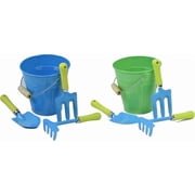 G & F Kids Garden Tool Set, 2-Pack, Real Metal Gardening Tools with Wooden Handles & Carrying Pails for Children, Shovel, Rake & Cultivator, Green & Blue