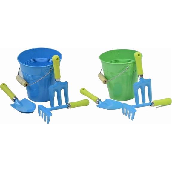 G & F Kids Garden Tool Set, 2-Pack, Real Metal Gardening Tools with Wooden Handles & Carrying Pails for Children, Shovel, Rake & Cultivator, Green & Blue
