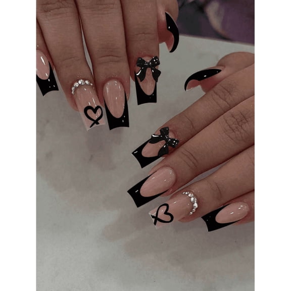 LulkiHome 24Pcs Black French Bow Heart Medium Coffin Press On Nails, Nude Gradient Reusable Fake Nail Tips for Goth Sweet Party Manicure
