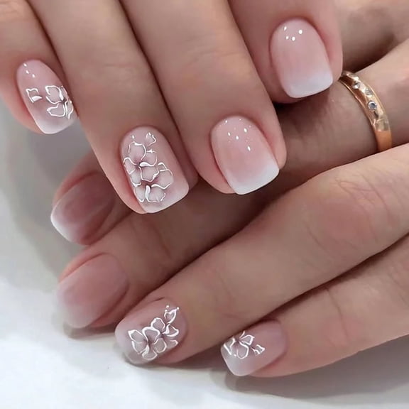 LulkiHome 24Pcs Pink Gradient Floral Short Square Press On Nails, White Lace Flower Reusable Fake Nail Tips for Bridal Daily Manicure