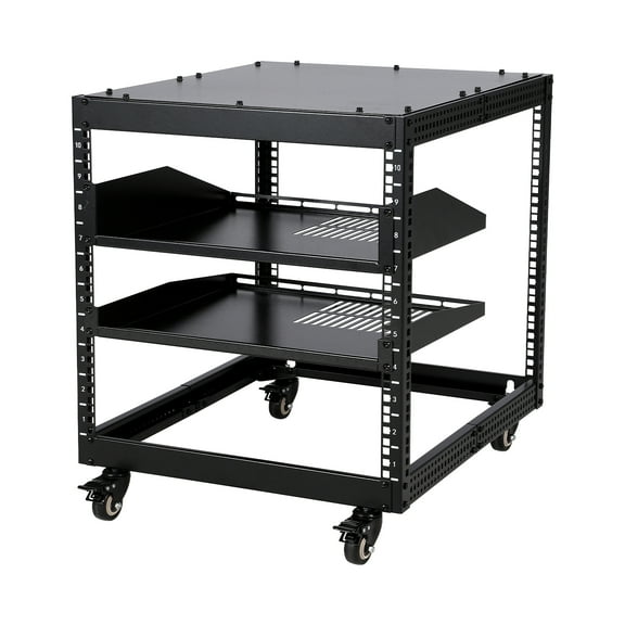 JustSmart 10U Open Frame Server Rack Adjustable 23-40" Depth Heavy Duty Carbon Steel Network Cabinet with 2 Shelves Casters for Data Center Home Lab