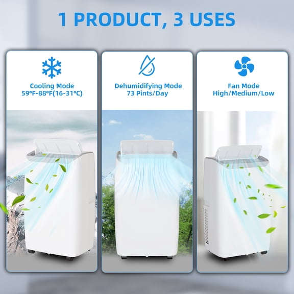 JustSmart 14000 BTU Portable Air Conditioner, 3-in-1 AC Unit with Cooling, Dehumidifier & Fan, Cools Rooms up to 750 Sq.Ft, Remote Control, 24H Timer, Window Kit Included, Washable Filter