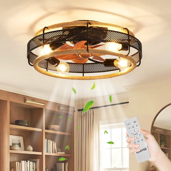 JustSmart 20" Farmhouse Ceiling Fan with Light, Hemp Rope Caged Flush Mount Fandelier, E26 Base Remote Control, 6 Speeds Reversible Motor, for Bedroom Living Room Rustic Style