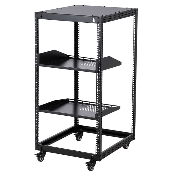 JustSmart 20U Open Frame Server Rack Adjustable 23-40" Depth Heavy Duty Carbon Steel Network Cabinet with 2 Shelves Casters for Data Center Home Lab