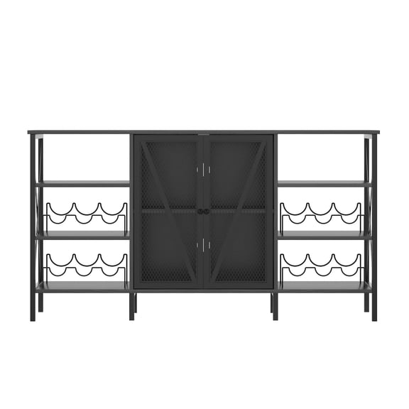 JustSmart 55"L Farmhouse Industrial Wine Bar Cabinet with LED Light, Metal Sideboard with Wine Rack, Glass Holder, Mesh Door, Storage Liquor Cabinet for Living Room, Black