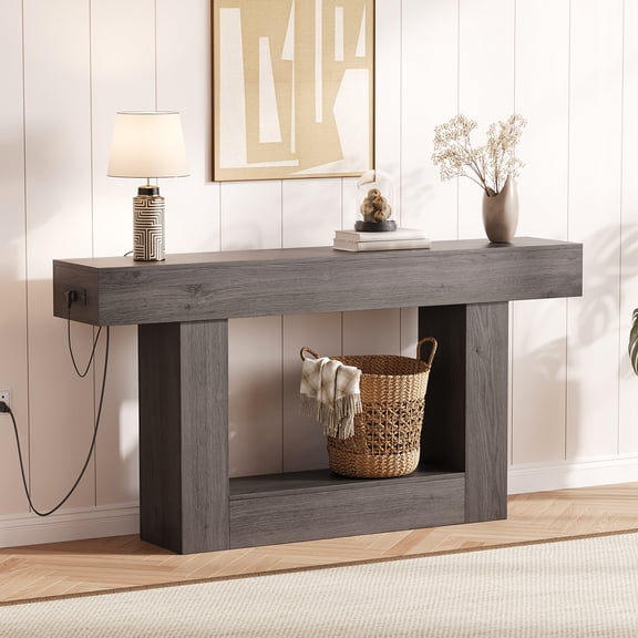 JustSmart 63" Console Table with Outlets, 2-Tier Entryway Sofa Table with Charging Station, Mid-Century Modern Hallway Table, Gray