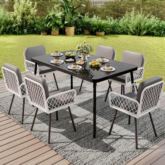 JustSmart 7-Piece Patio Dining Set for 6, Outdoor Iron Furniture Set with 59x35in Black Glass Table and 6 Wicker Rattan Chairs with Cushions