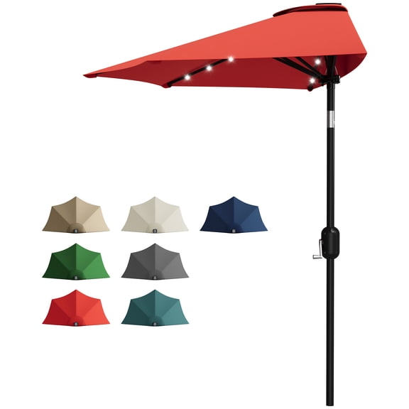 JustSmart 9FT Half Patio Umbrella with Solar Powered LED Lights – Day & Night Outdoor Shade, Crank Lift, Weather Resistant – Perfect for Small Spaces, Garden & Backyard, Red