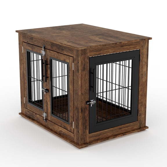 JustSmart Chew-Resistant Wooden Dog Crate End Table, Double Doors, Lockable Top, Anti-Escape Indoor Kennel for Small/Medium Dogs, Rustic Brown