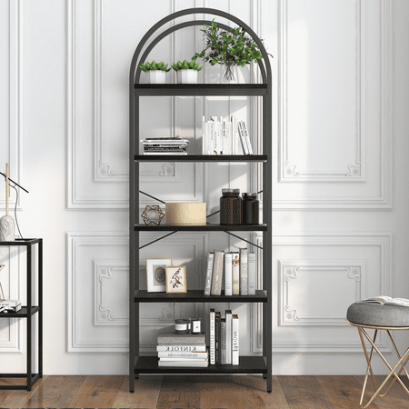 JustSmart Modern 5-Tier Arched Bookcase, Industrial Metal Frame Bookshelf, 71" Tall Freestanding Storage Display Rack, Home Office, Living Room, Bedroom, Black Iron Frame + Black Wood Board