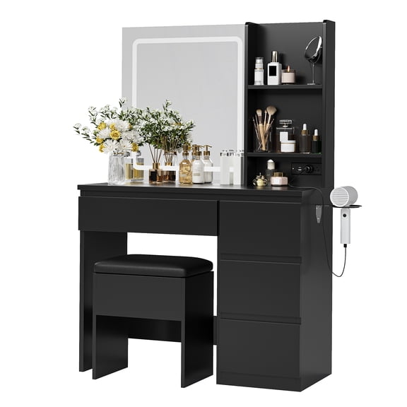 JustSmart Modern Vanity Desk with Mirror & Adjustable LED Lights, 4 Drawers, Power Outlet, Storage Stool, Shelves, Hair Dryer Holder, Makeup Table Set for Bedroom, Black