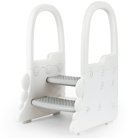 JustSmart Non-Slip 2-Step Kids Step Stool with Handrails, Collapsible, Safe Bathroom & Cooking Aid for Potty Training, Sturdy, Easy to Store, White Side Panels, Gray Steps