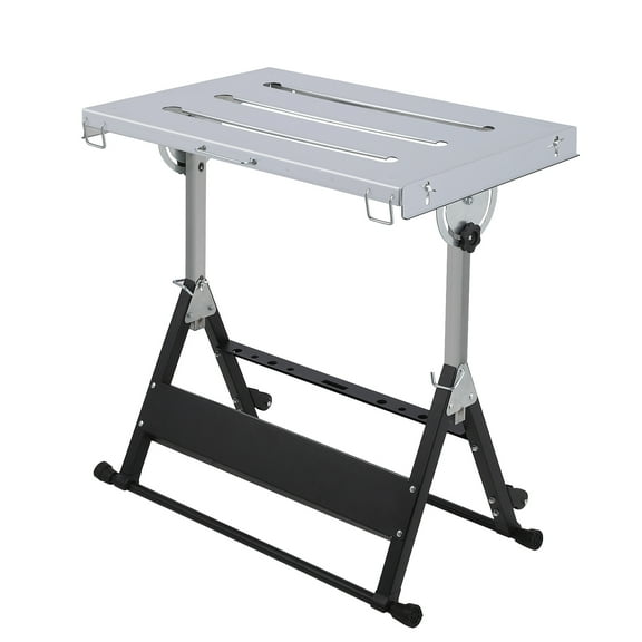 JustSmart Portable Welding Table 44x21 Inch 500lb Capacity Steel Workbench for Garage Workshop Metal Adjustable Tilt Angles Non-Slip Base 2 Wheels Folding Design Easy Move for Garage