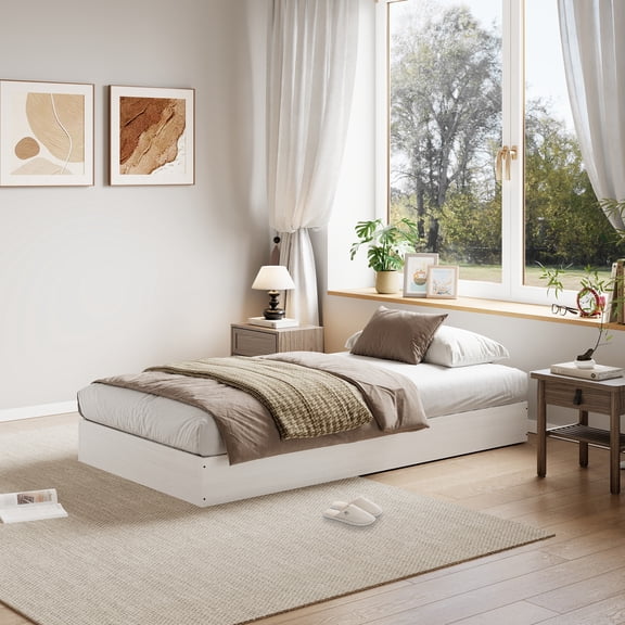 JustSmart Solid Wood Platform Bed Frame, Minimalist Floor-Standing Design with Sturdy Slats, No Box Spring Needed, Easy Assembly - Twin, White