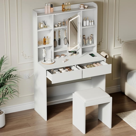 JustSmart Vanity Desk with Mirror and Lights, for Bedroom, Includes Padded Stool, Storage Drawers, USB Outlets, Hairdryer Holder, Adjustable LED Light with 3 Lighting Modes, White