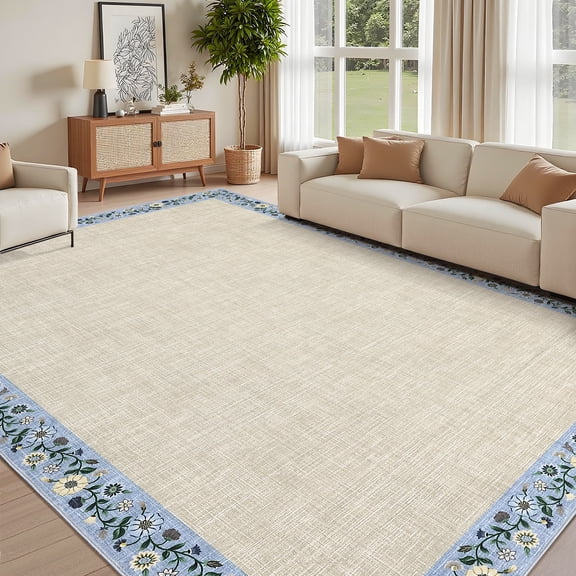 JustSmart Washable Floral Edge Area Rug, Soft Low-Pile, Lightweight, Non-Slip & Mark-Resistant Indoor Carpet for Living Room/Bedroom - Beige, 5x7 ft