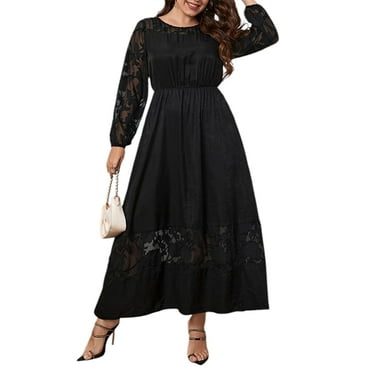 JustVH Fit Flared Dresses Jacquard Mesh Trim Long Sleeve Women's Plus, XL-4XL