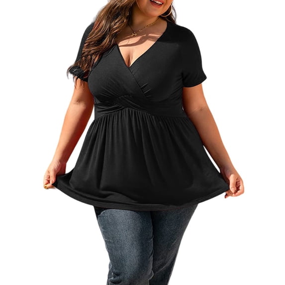 JustVH Flared Fitted V Neck Short Sleeve Basic T-Shirt Women Plus Size