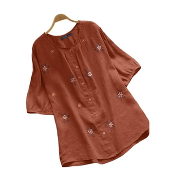 JustVH Linen Summer Half Sleeve Embroidered Floral Women's Button-Up Shirt