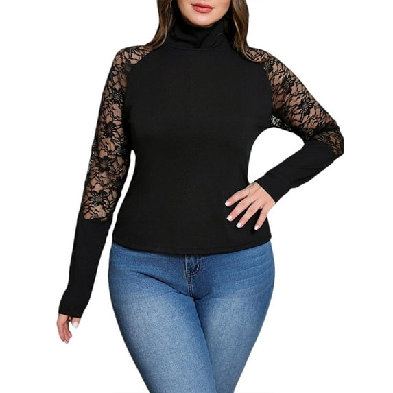 JustVH Long Sleeve Tops for Women Lace Splice Essential Turtleneck T-Shirt