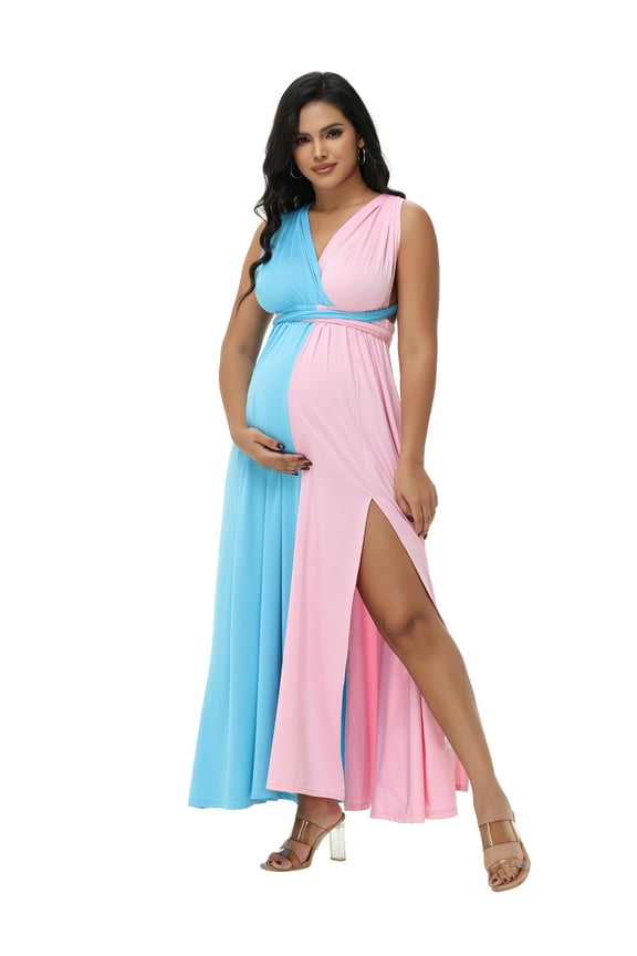 Maternity Colorblock Cross Wrap Multiway Dress Backless Split Gown for Photoshoot Baby Shower