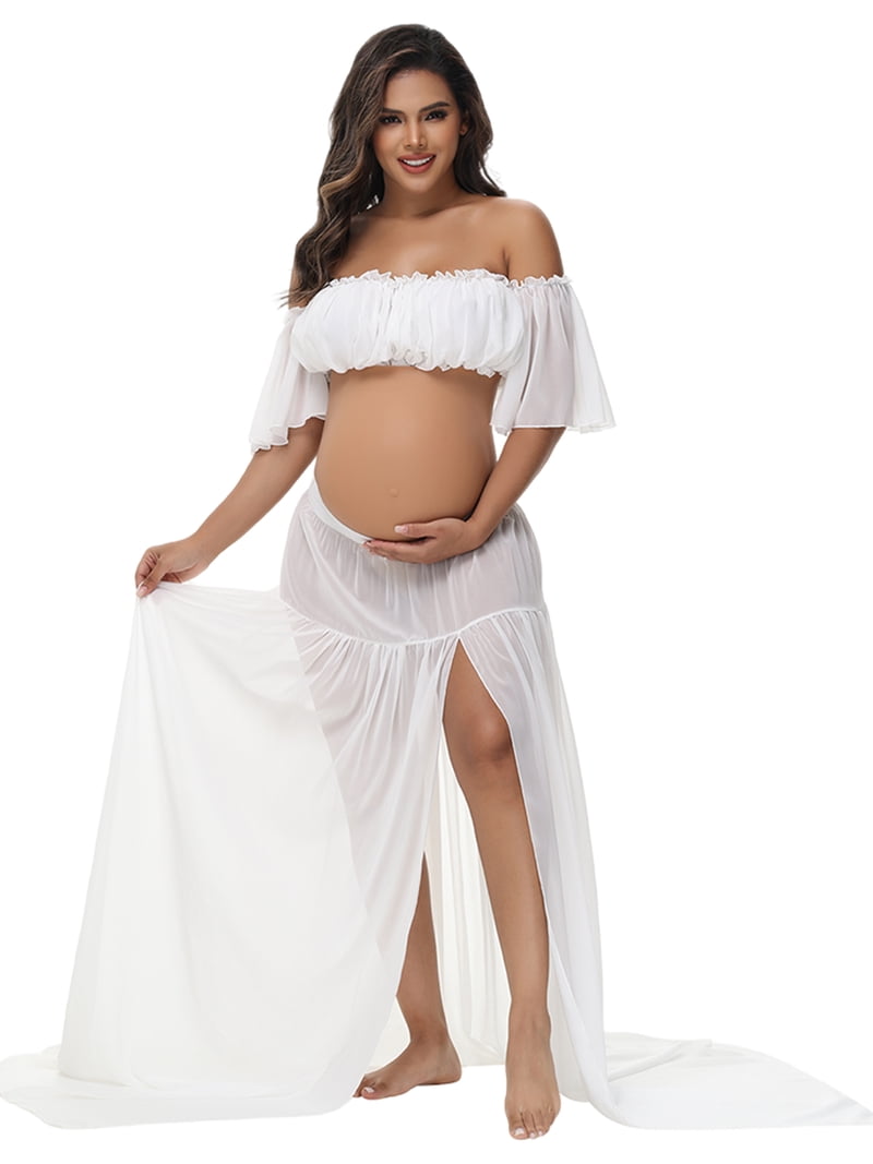 JustVH Maternity Dress 2 Pieces Chiffon Tube Top Ruffle Sleeves and Slit Skirt Gown for Baby Shower Photoshoot - Walmart.com JustVH Maternity Dress 2 Pieces Chiffon Tube Top Ruffle Sleeves and Slit Skirt Gown for Baby Shower Photoshoot - Walmart.com