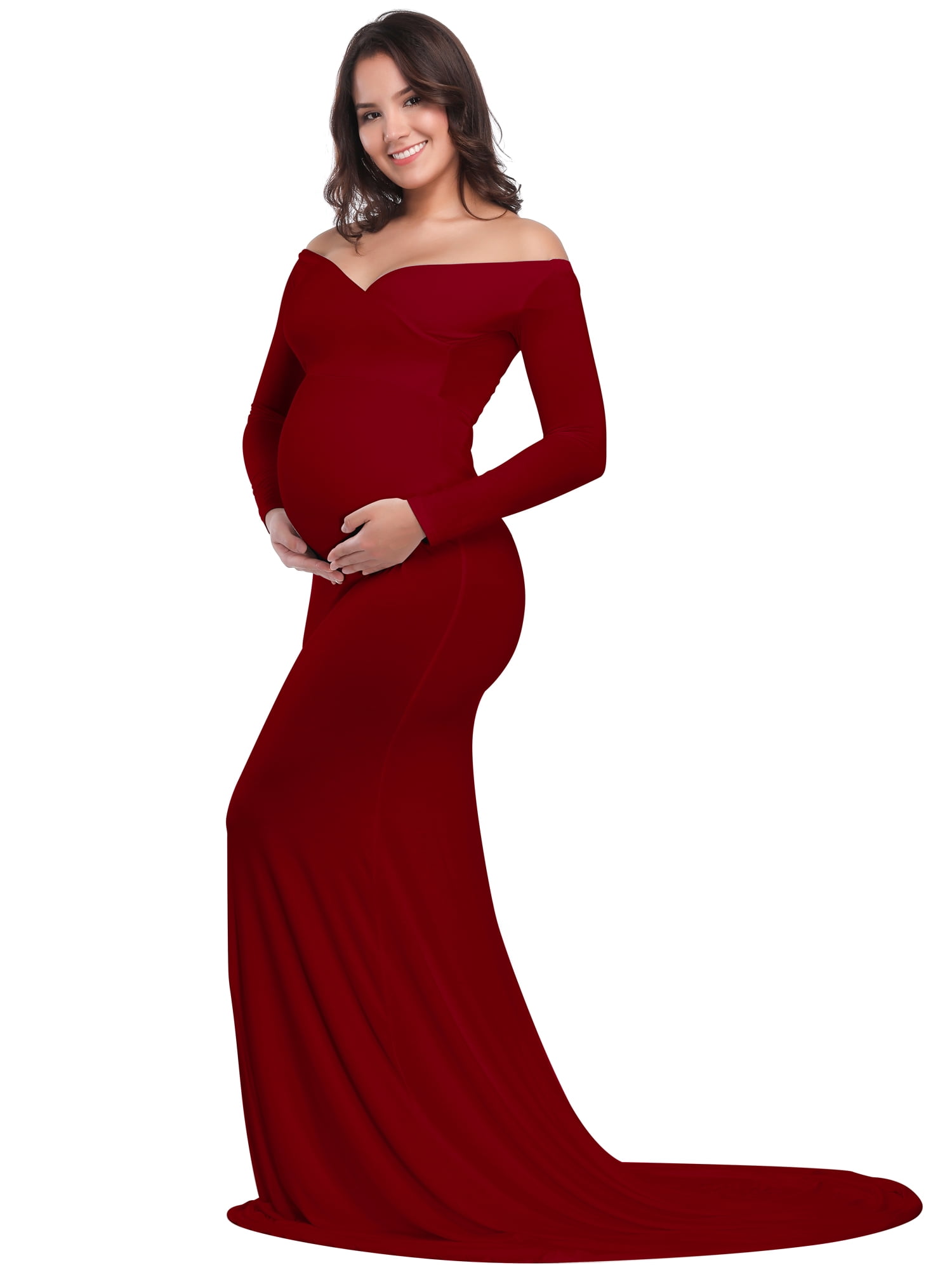 JustVH Maternity Dress for Photography Long Sleeve V Neck Slim Fit