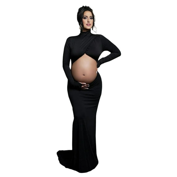 JustVH Maternity Long Sleeve Turtleneck Photography Dress Cut Out Belly Sexy Gown for Baby Shower